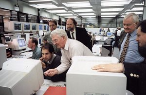 Six years after the 9 November 1991 shot that produced fusion energy for the first time in history, JET achieved a record of 16 MW that still holds to this day. Pictured in this 1997 photograph are  Martin Keilhacker (right), at the time JET director, and his his two deputies (center) Alan Gibson and Jean Jacquinot.